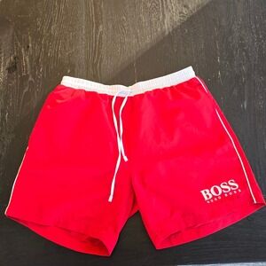 Hugo Boss Starfish BM Mens Swim Shorts Red White Logo Trunks Size S 50220844